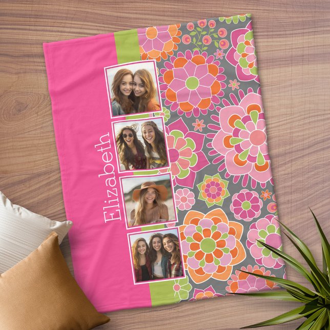 Cobertor De Velo Colagem de Fotos Flores de Funk Laranja Rosa Quent (Personalized Fleece Blanket)