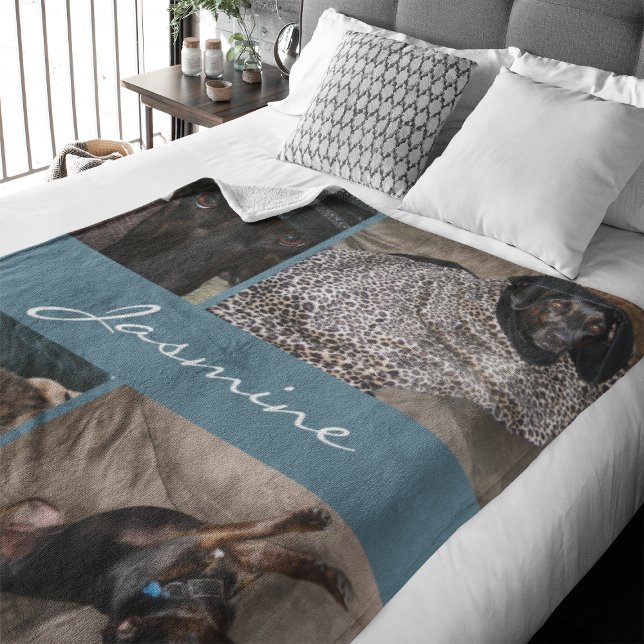 Cobertor De Velo Colagem de Fotos Moderna Cão Dusty Azul (Capture precious pet moments with our Modern Pet Photo Collage Fleece Blanket. )