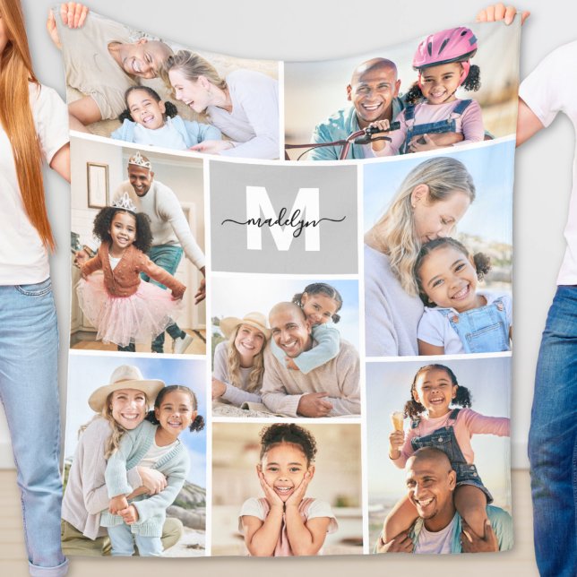 Cobertor De Velo Colagem de Fotos Monograma (Photo Collage Simple Monogram Picture Fleece Blanket)