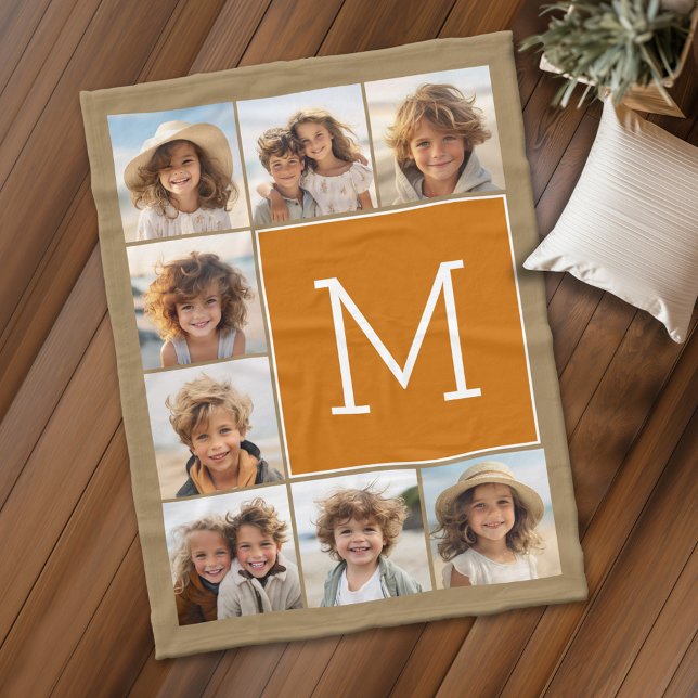 Cobertor De Velo Colagem de Fotos Monograma Kraft Rustic e Orange (Personalized fleece blanket with 8 photos and a monogram)