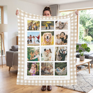 Cobertor De Velo Colagem de Fotos Personalizada de Gingham Bege 12