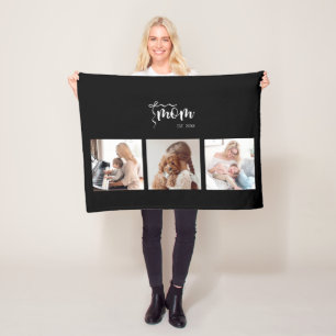Cobertor De Velo Colagem Personalizada de 3 Fotos Preta Ano da Mãe
