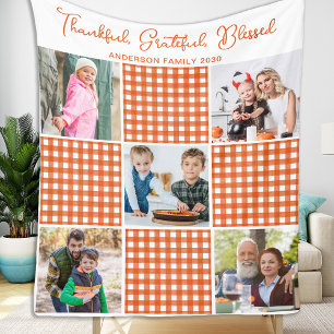 Cobertor De Velo Colar Personalizado de 5 Fotos em Xadrez Laranja