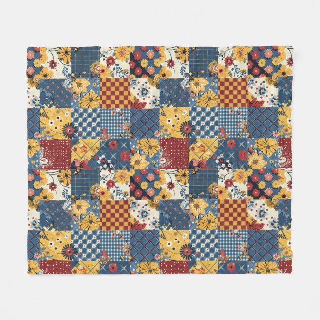 Cobertor De Velo Colcha Azul Amarela Vermelha em Patchwork Xadrez F (Frente (Horizontal))