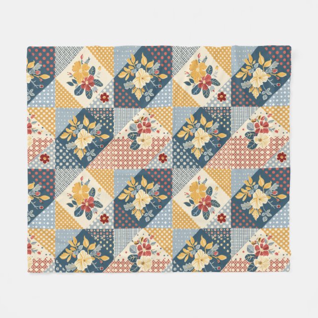 Cobertor De Velo Colcha Azul Amarela Vermelha em Patchwork Xadrez F (Frente (Horizontal))