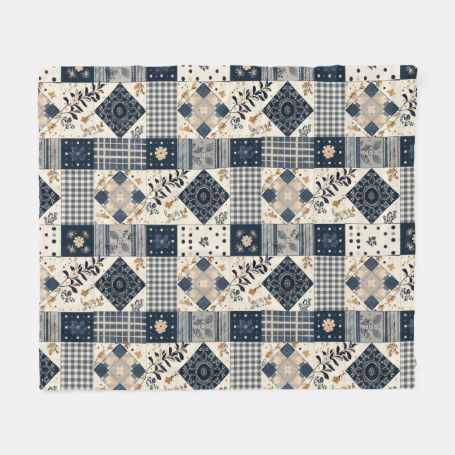 Cobertor De Velo Colcha de retalhos creme azul marinho com xadrez (Frente (Horizontal))