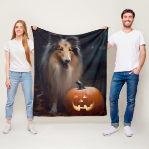 Cobertor De Velo Collie Áspero de Halloween com Abóboras Assustador