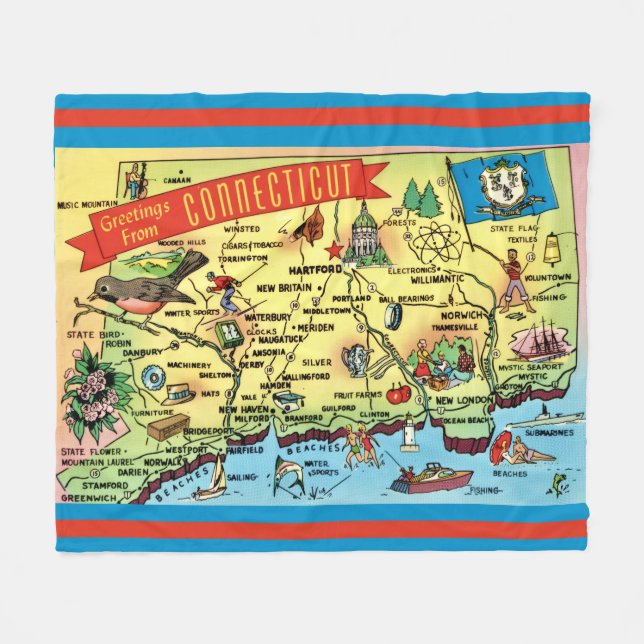 Cobertor De Velo Connecticut Postcard Map (Frente (Horizontal))