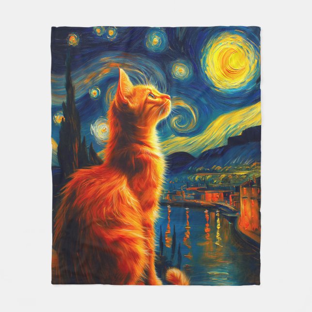 Cobertor De Velo Contemplative Ginger Cat | Starry Night Sky (Frente)