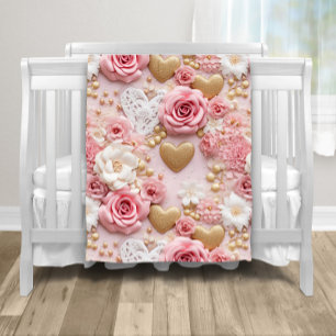 Cobertor De Velo Coração Floral Dourado rosa