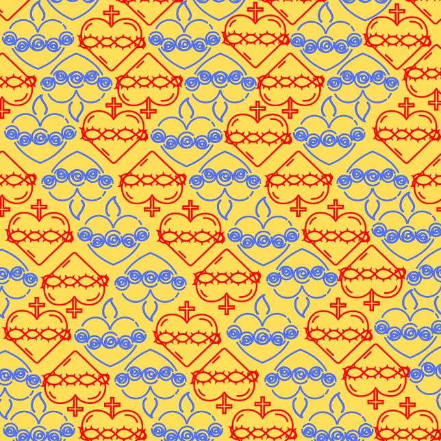 Cobertor De Velo Coração Sagrado e Coração Imaculado (A pattern with Sacred Heart of Jesus and Immaculate Heart of Mary using primary colours)