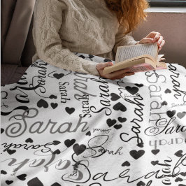 Cobertor De Velo Corações Negros Personalizados Nome Replicado por