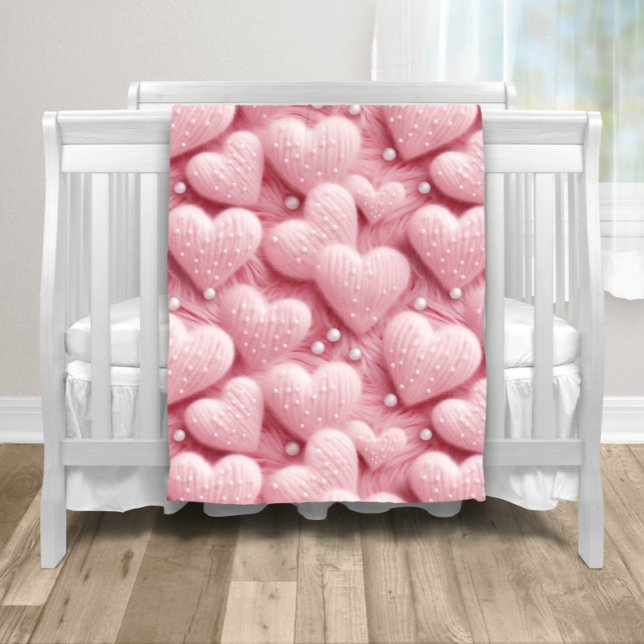 Cobertor De Velo Corações Rosas Pérolas Bebê (Adorable fluffy pink hearts and pearls baby blanket. You can add text and a color to the back.)
