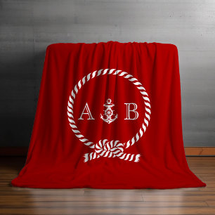Cobertor De Velo Corda vermelha e âncora náuticas Monogrammed