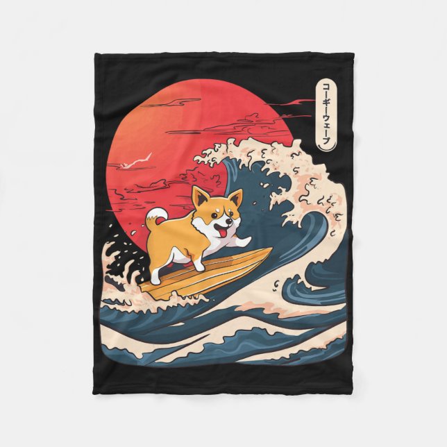 Cobertor De Velo Corgi Surfando Onda Japonesa _4  (Frente)