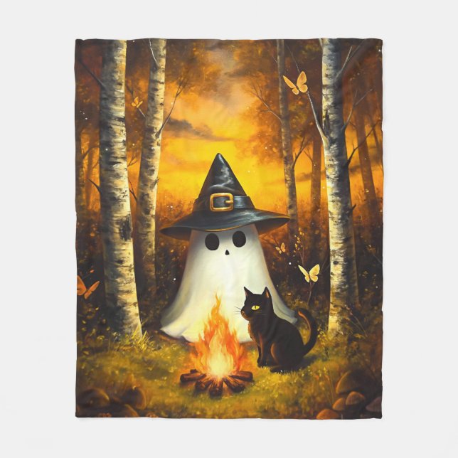 Cobertor De Velo Cozy Halloween Ghost & Black Cat Campfire (Frente)