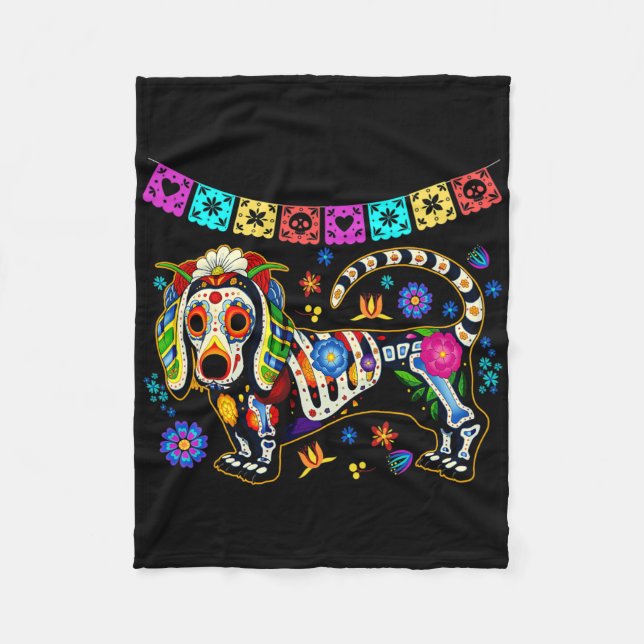 Cobertor De Velo Crânio de Açúcar Mexicano Dachshund Bone Dia das B (Frente)