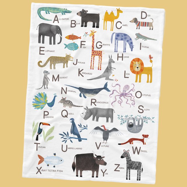 Cobertor De Velo Crianças de Alfabeto ABC Bócio Animal (Cute animal ABC alphabet blanket for newborn, boy or girl gender neutral nursery or kids room decor)