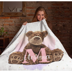 Cobertor De Velo Crianças do Monograma bonito Nome Urso Rosa