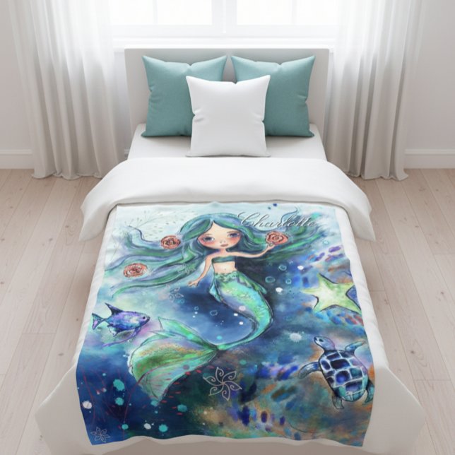 Cobertor De Velo Crianças Personalizadas da Sereia da Magia (Magical Watercolor Mermaid Personalized Kids Fleece Blanket)