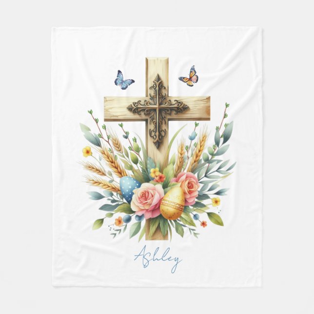 Cobertor De Velo Cruz de Páscoa em Aquarela Personalizada (Frente)