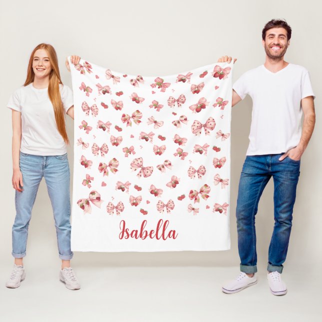 Cobertor De Velo Custom baby blanket with pink bows & strawberries  (In Situ)