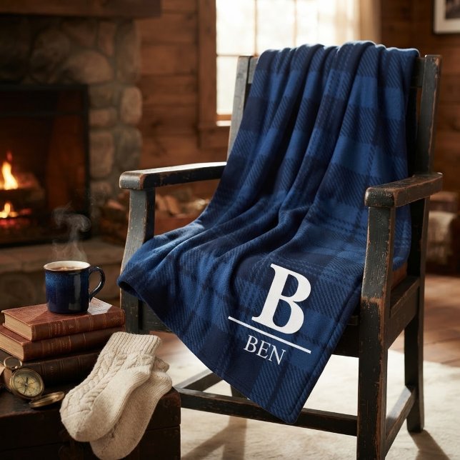 Cobertor De Velo Custom Monogram Initial & Name Blue Buffalo Plaid  (Criador carregado)