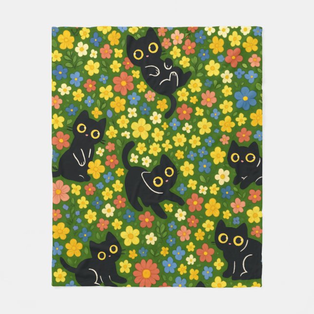Cobertor De Velo Cute Black Cats Floral Meadow Pattern (Frente)