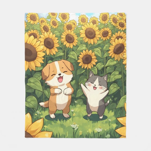 Cobertor De Velo Cute Cat and Dog Sunflower Fleece Blanket (Frente)