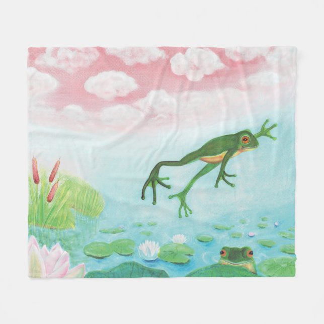 Cobertor De Velo Cute Funny Frog Jumps Into The Pond   Baby Blanket (Frente (Horizontal))