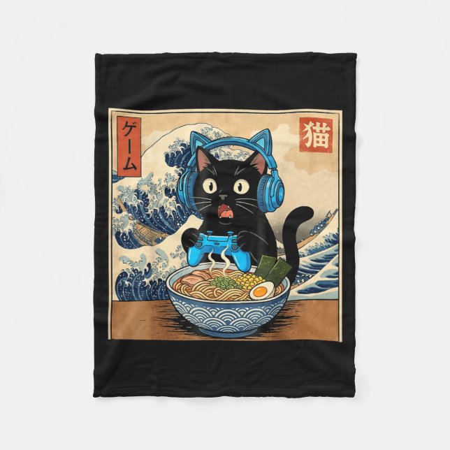 Cobertor De Velo Cute Kawaii Gamer Cat Funny Ramen Japanese Cat Gam (Frente)