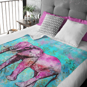 Cobertor De Velo Cute Pink Elephant Blue Watercolor Personalized