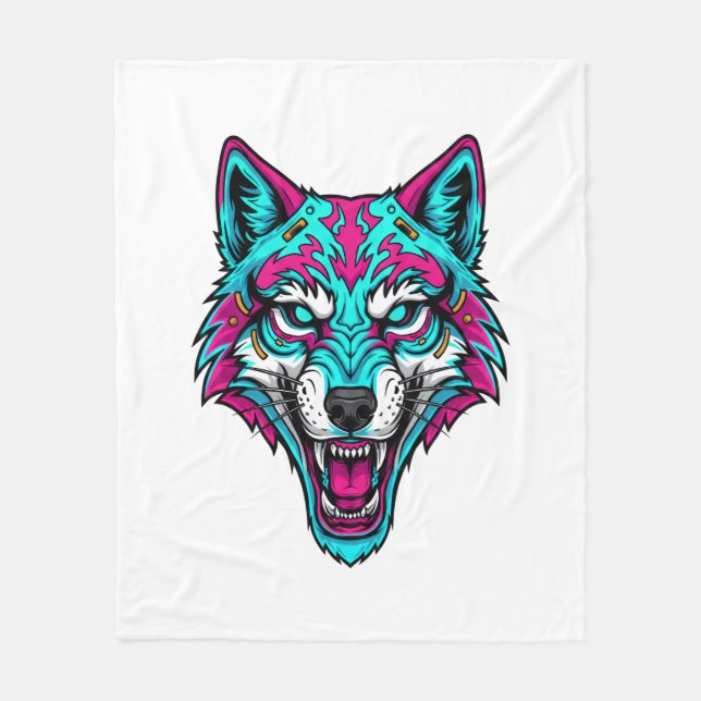 Cobertor De Velo Cyberpunk Neon Wolf - Synthwave Robotic Animal (Frente)