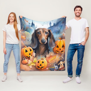 Cobertor De Velo Dachshund Halloween Com Pumpkins Assustado