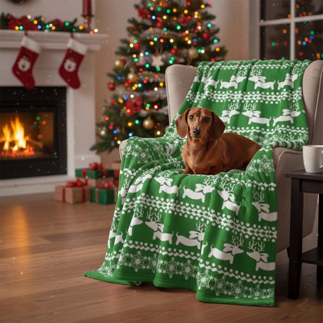 Cobertor De Velo Dachshund Ugly Sweater Flocos de Neve (Green Nordic Dachshund Blanket for Christmas)