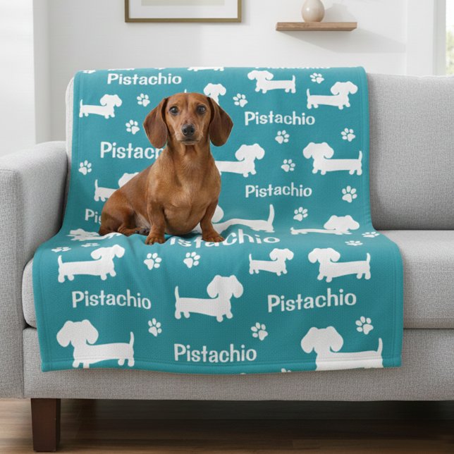 Cobertor De Velo Dachshund Wiener Cachorro Personalizado Teto Em Ab (Teal dachshund blanket personalized with dog name and fave color)