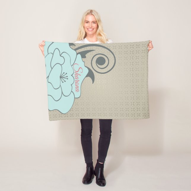 Cobertor De Velo Damasco bege E Flor Azul (In Situ)