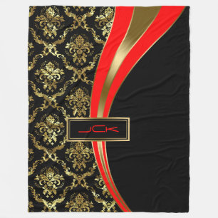 Cobertor De Velo Damasco Dourado Vermelho e Preto Monograma 2