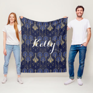Cobertor De Velo Deco De Arte Elegante Azul E Dourado