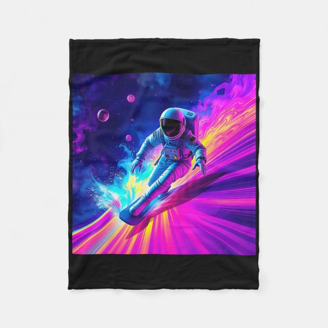 Cobertor De Velo Desenho Astronauta Surfando Onda de Arco-íris Cósm (Frente)