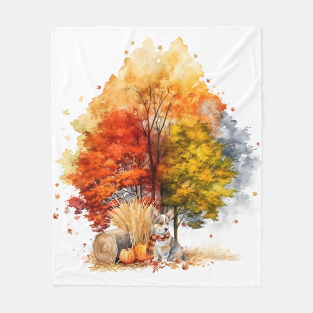 Cobertor De Velo Desenho de Corgi em Aquarela Outonal (Frente)