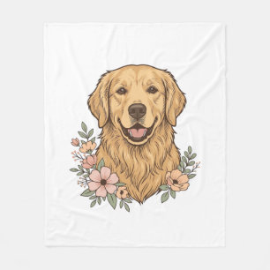 Cobertor De Velo Desenho de Gravura Vintage Floral Retriever Dourad