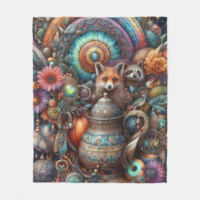Cobertor De Velo Desenho Floral Raposa Guaxinim Boho (Frente)