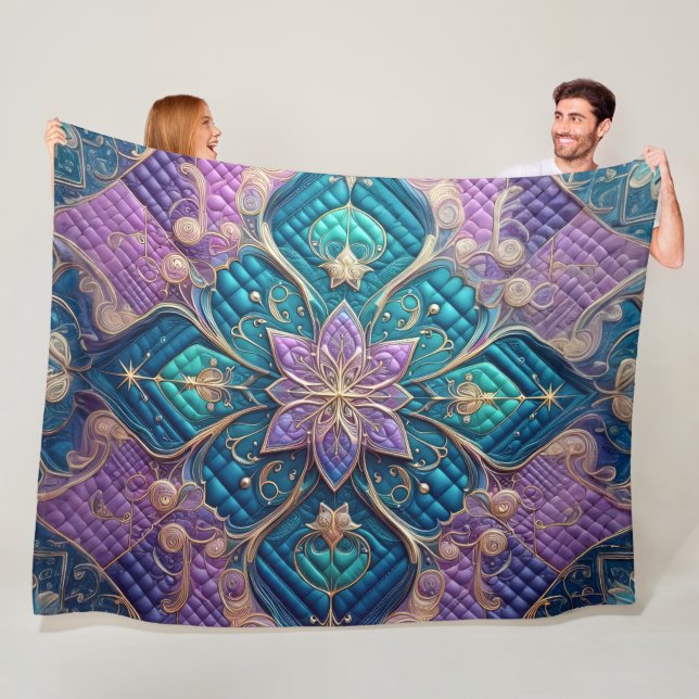 Cobertor De Velo Design Abstrato de Azul Turquesa Roxo Quilado (In Situ)