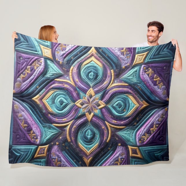 Cobertor De Velo Design Abstrato de Azul Turquesa Roxo Quilado (In Situ)