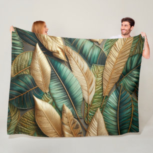 Cobertor De Velo Design de Folhas Tropicais Verdes Douradas Inclina