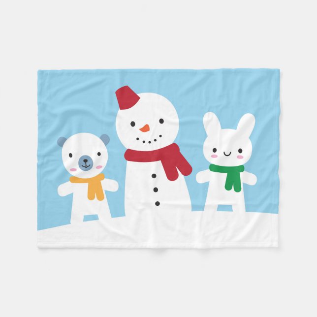 Cobertor De Velo Dia de Neve Kawaii com Coelho & Urso (Frente (Horizontal))