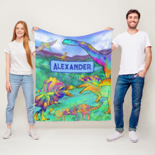 Cobertor De Velo Dinossauros coloridos azul personalizado