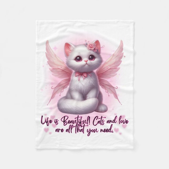 Cobertor De Velo Doce anjo gatinho com asas a vida é bela (Frente)