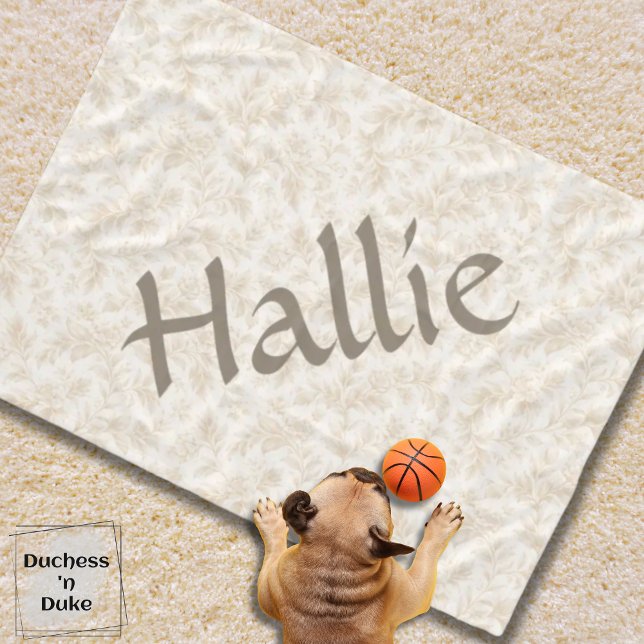 Cobertor De Velo Dog Blanket - Ivory Botanical, Personalized (dog blanket with ivory botanical design on carpet and small dog playing with toy basketball)